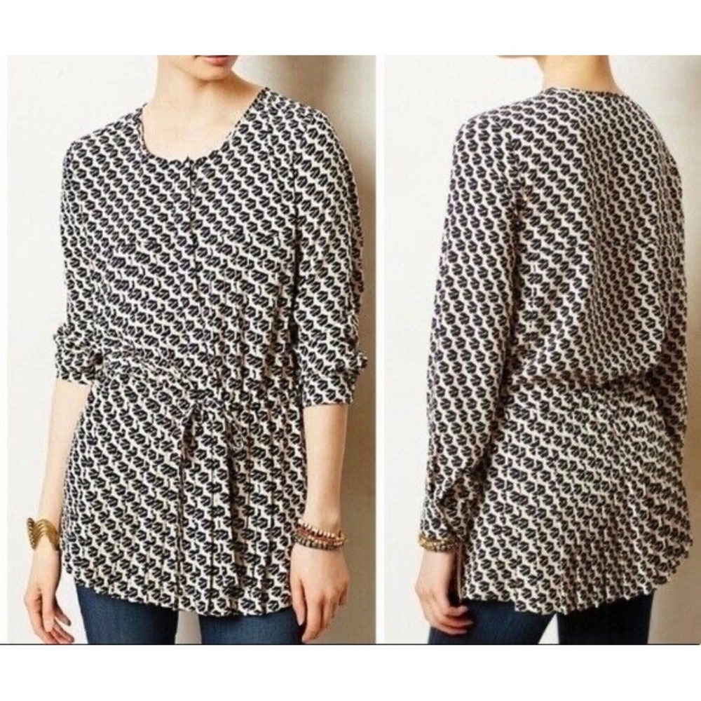Maeve Anthropologie Selva Bird Print Drawstring Waist Pleated Tunic Top Large